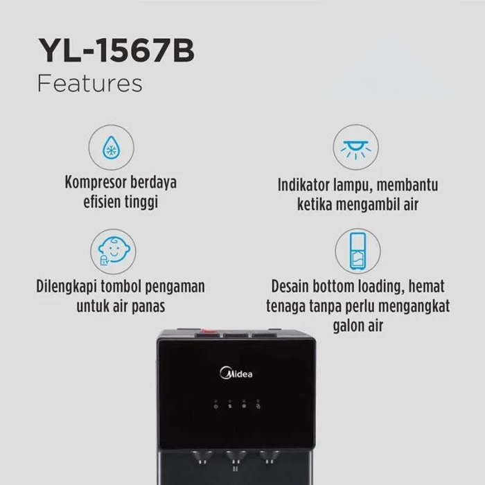 Midea Dispenser Standing Galon Bawah Kompresor Low Watt - Hitam - YL1567B | YL 1567 B